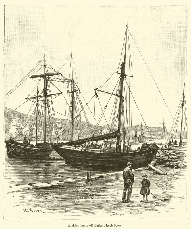 Łodzie rybackie przy Tarbet, Loch Fyne (grawerowanie) autorstwa English School