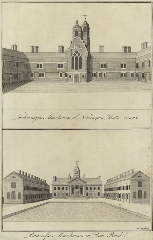 Sklepy rybne Almshouses, Newington Butts and Bancrofts Almshouses, Bow Road, Londyn autorstwa English School