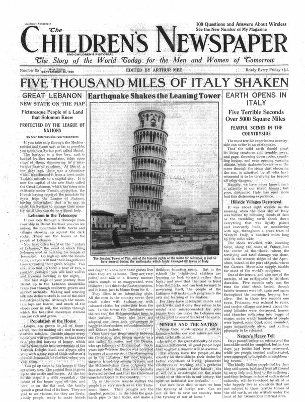 Pięć tysięcy mil Włoch wstrząśniętych, pierwsza strona „Gazety Dziecięcej”, wrzesień 1920 (druk gazetowy) autorstwa English School