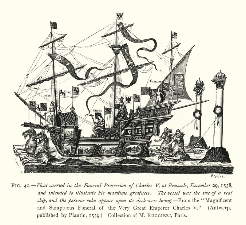 Pływak niesiony w procesji żałobnej Karola V w Brukseli, 29 grudnia 1558, mający zilustrować jego morską wielkość (rycina) autorstwa English School