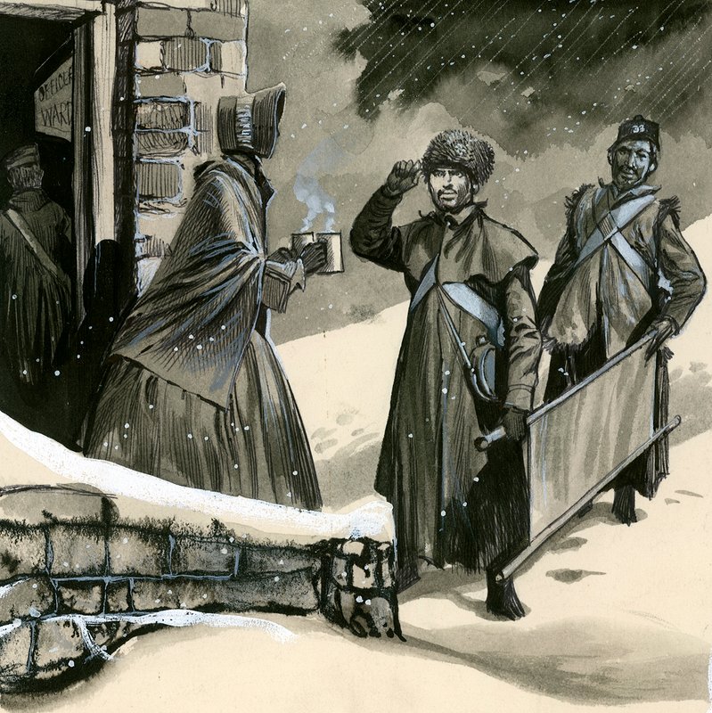 Florence Nightingale wita żołnierzy na śniegu autorstwa English School