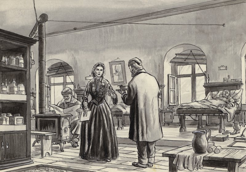 Florence Nightingale pracuje w szpitalu w Szkocji (gwasz na papierze) autorstwa English School
