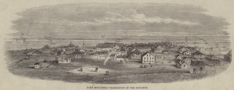 Fort Moultrie, Charleston w oddali (grawerowanie) autorstwa English School