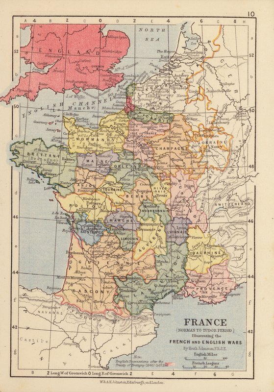 Francja, okres od Normanów do Tudorów, ilustrujący wojny francuskie i angielskie (kolorowa litografia) autorstwa English School