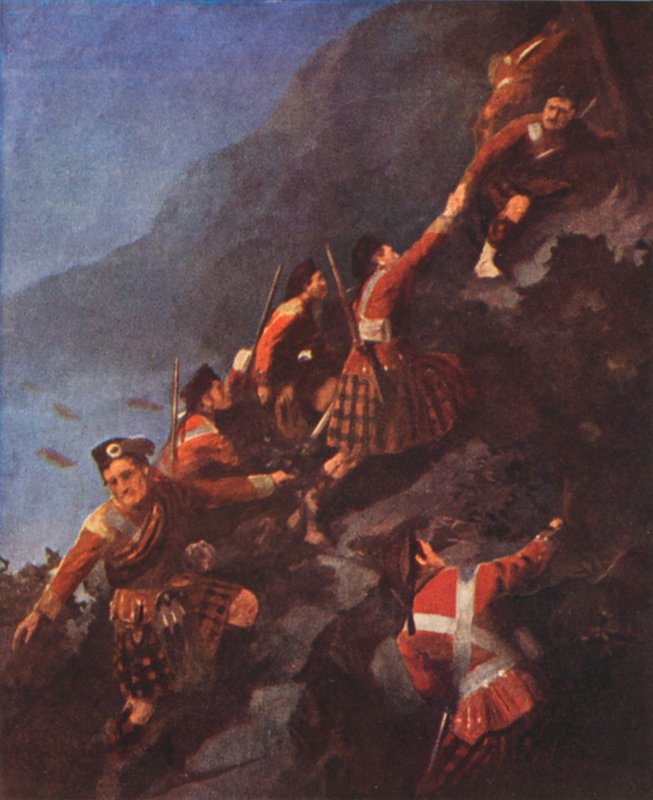 Fraser Highlanders szturmujący wzgórza w Quebec (kolorowa litografia) autorstwa English School