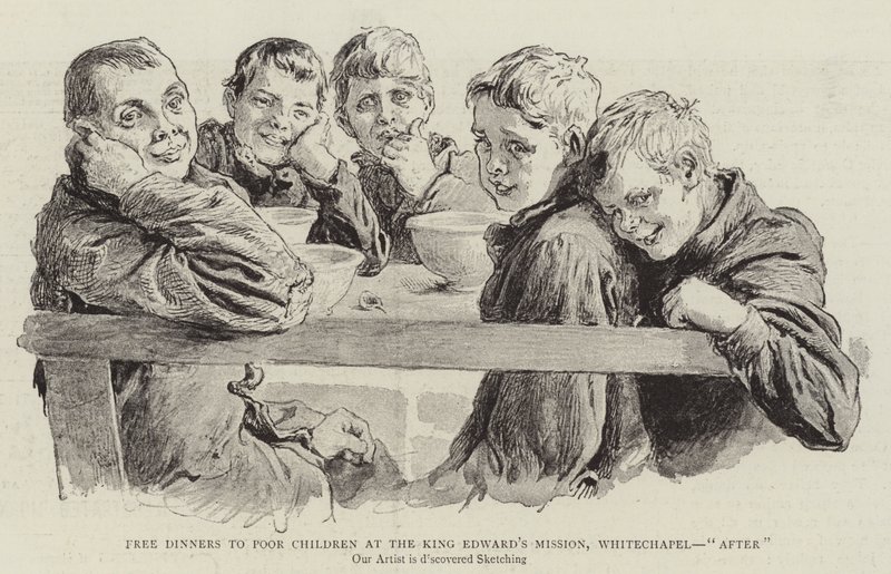 Darmowe obiady dla biednych dzieci w misji króla Edwarda, Whitechapel, „po” (grawerowanie) autorstwa English School