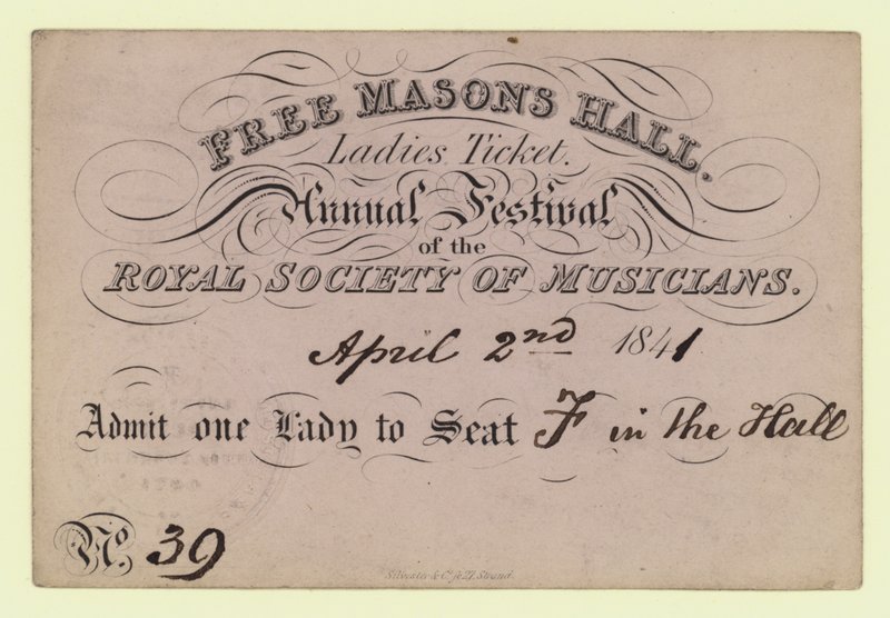 Free Mason Hall, Ladies Ticket, doroczny festiwal, Królewskie Towarzystwo Muzyków, 2 kwietnia 1841 r autorstwa English School