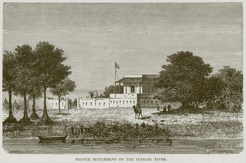 Francuska osada nad rzeką Senegal, ilustracja z Illustrated Travels, ok. 1880 r. autorstwa English School
