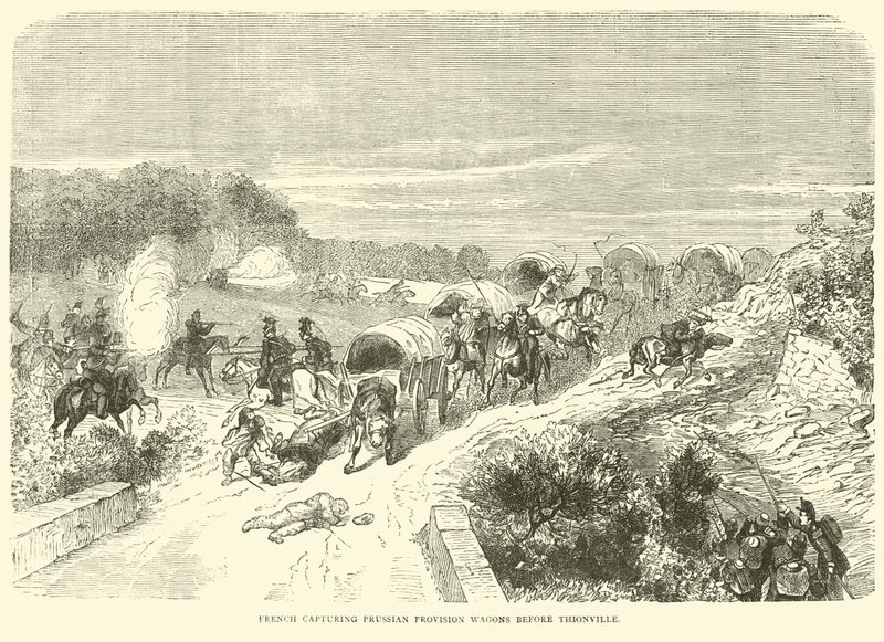 Francuzi zdobywają pruskie wagony prowiantowe przed Thionville, wrzesień 1870 autorstwa English School