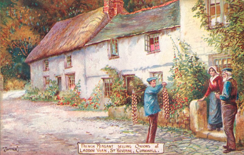 Sprzedawca francuskiej cebuli, Ladden Vern, St Keverne, Kornwalia (kolor lito) autorstwa English School