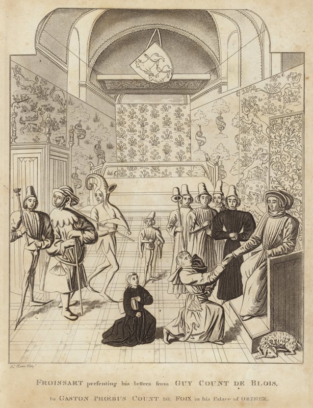 Froissart przedstawia swoje listy od Guy Court de Blois do Gastona Phoebusa hrabiego de Foix w swoim Pałacu Orthez autorstwa English School