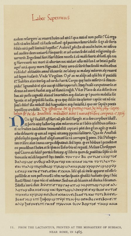 Z Laktancjusza, wydrukowany w klasztorze Subiaco pod Rzymem, 1465 (lito) autorstwa English School