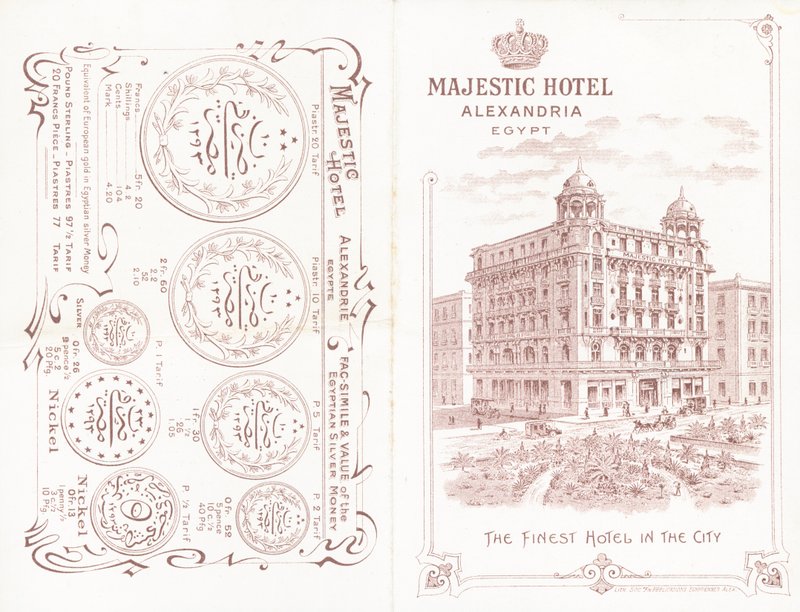 Przednia i tylna okładka broszury dla hotelu Majestic w Aleksandrii autorstwa English School