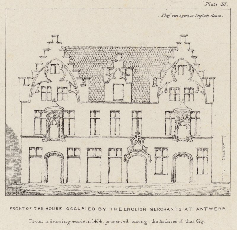 Front domu zajmowany przez angielskich kupców w Antwerpii autorstwa English School