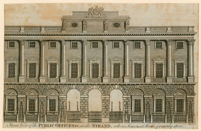 Widok z przodu na urzędy publiczne w Strand, gdzie dawniej stał Somerset House autorstwa English School