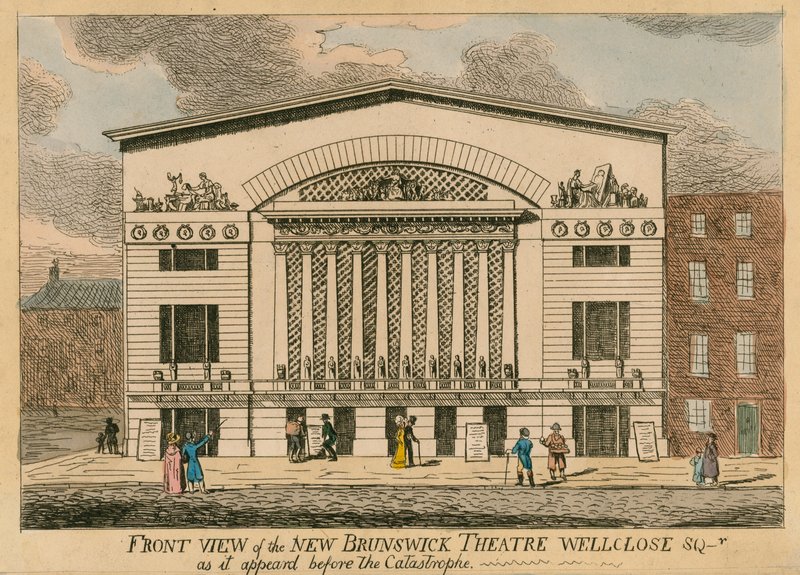 Widoki z przodu nowego teatru Brunswick, Wellclose Square w Londynie, tak jak wyglądał przed katastrofą autorstwa English School