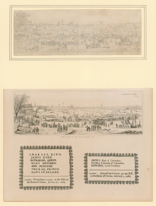 Jarmark mrozowy nad Tamizą, drukowana pamiątka dla króla Karola II i rodziny, 1684 autorstwa English School
