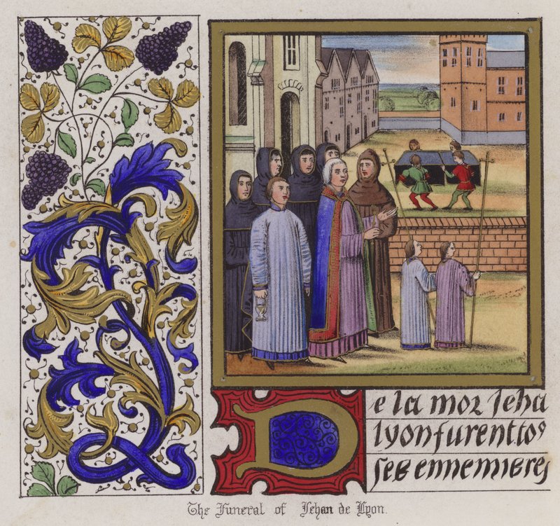 Pogrzeb Jehana De Lyon (kolorowy grawerunek) autorstwa English School
