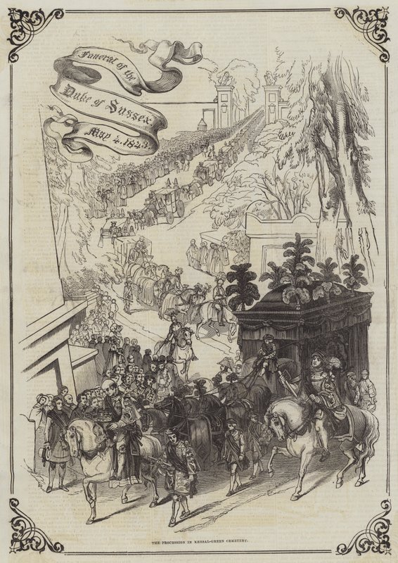 Pogrzeb księcia Sussex, 4 maja 1843, procesja na cmentarzu Kensal-Green (rycina) autorstwa English School
