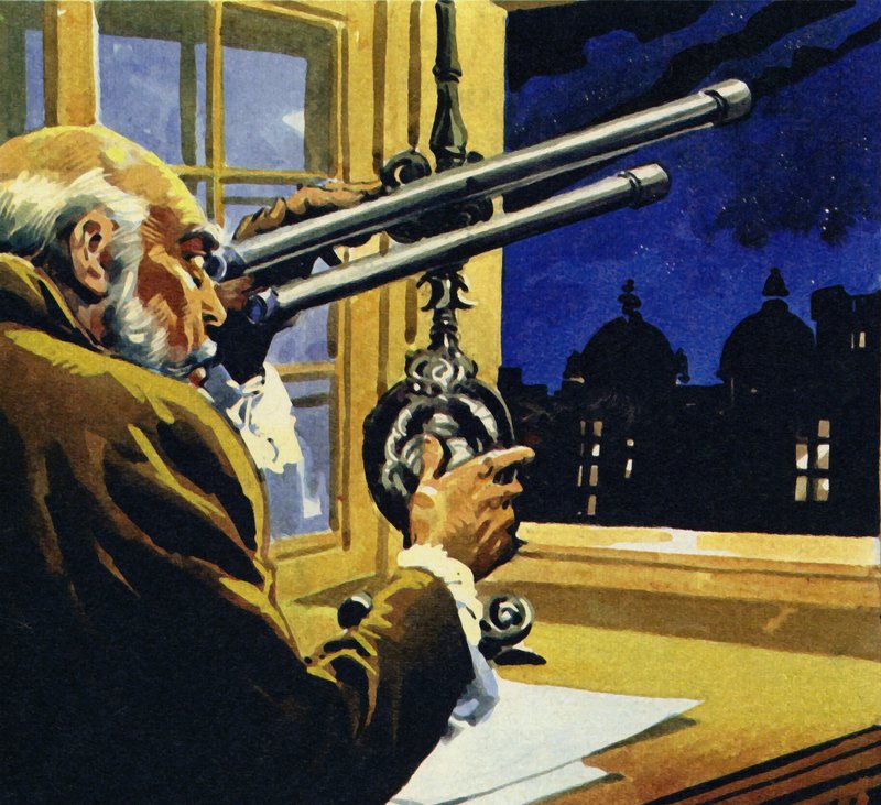 Galileo stworzył teleskop i odkrył cztery satelity Jowisza autorstwa English School