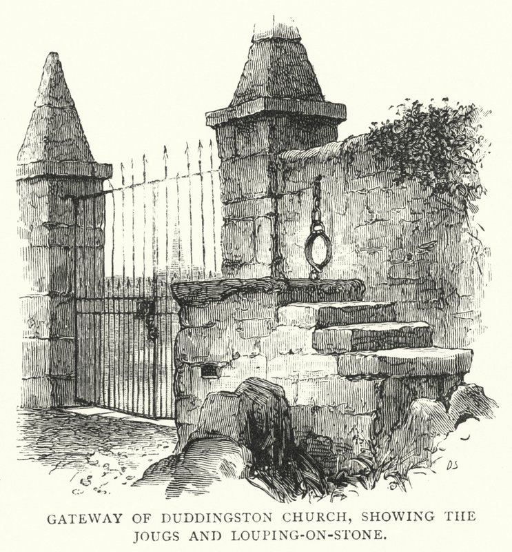 Gateway of Duddingston Church, przedstawiający Jougs i Louping-on-Stone (rycina) autorstwa English School