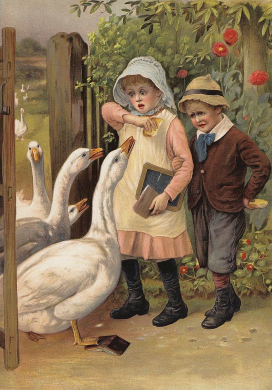 Gęsi goniące dzieci za jedzeniem (chromolitho) autorstwa English School