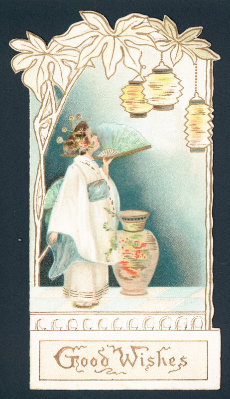 Dziewczyna gejsza patrząca na latarnie, kartka świąteczna (chromolitho) autorstwa English School