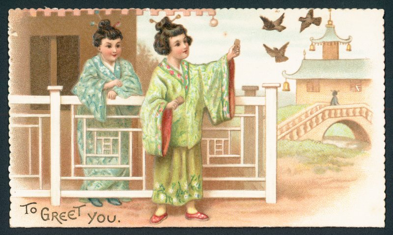 Geisha Girls karmiące ptaki, kartka świąteczna autorstwa English School