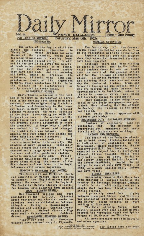 Strajk generalny opisany w Daily Mirror (rycina) autorstwa English School
