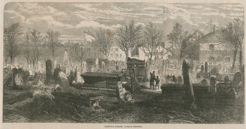 Widok ogólny cmentarzyska Bunhill Fields autorstwa English School
