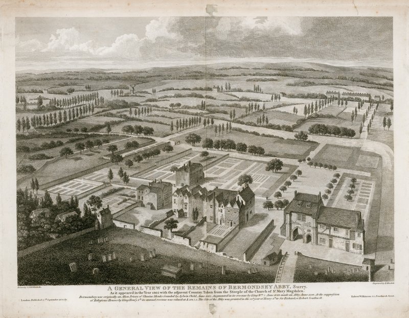 Ogólny widok szczątków opactwa Bermondsey, jakie pojawiły się w 1805 r. autorstwa English School
