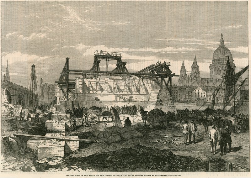Ogólny widok prac dla London, Chatham i Dover Railway Bridge w Blackfriars, Londyn autorstwa English School