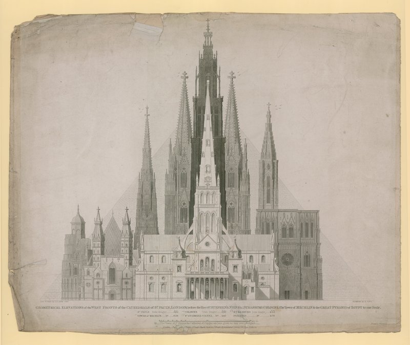 Geometryczne elewacje frontów zachodnich katedr św. Pawła w Londynie (przed ogniem) ... i Wielkiej Piramidy w Egipcie w jednej skali autorstwa English School
