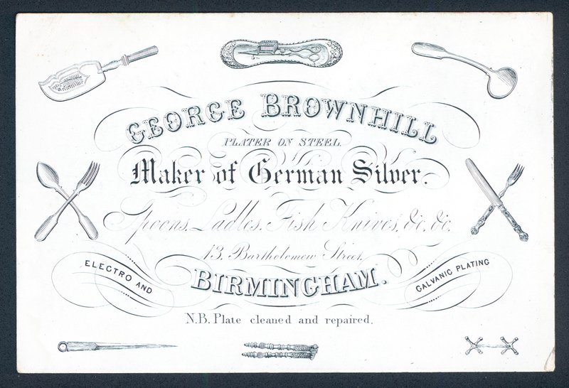 George Brownhill, producent niemieckiego srebra, karta handlowa autorstwa English School