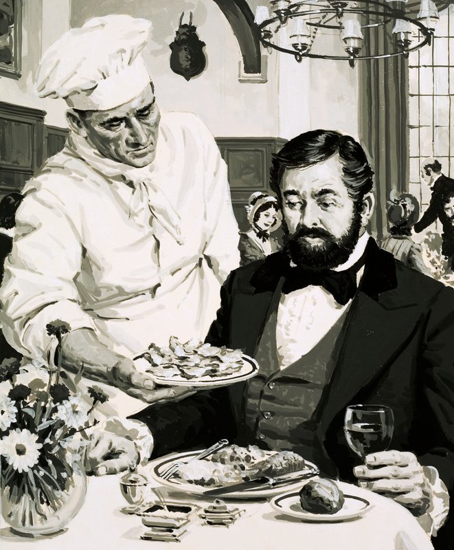 George Crum, wynalazca chipsów ziemniaczanych, przedstawia swoje dzieło autorstwa English School