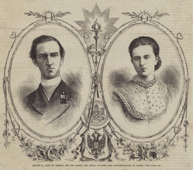 Jerzy I, król Grecji i jego królowa, wielka księżna Olga Konstantynowna Rosji (rycina) autorstwa English School