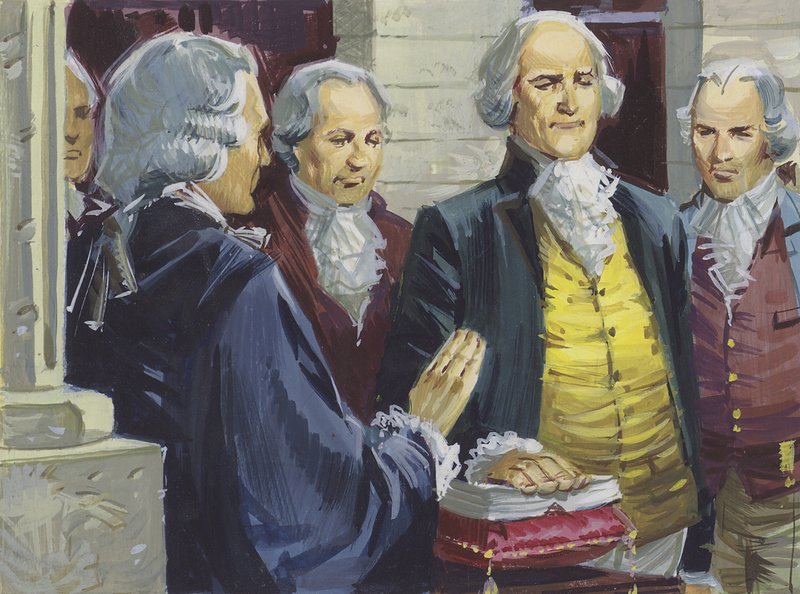 George Washington zostaje zaprzysiężony jako pierwszy prezydent Ameryki w Nowym Jorku autorstwa English School
