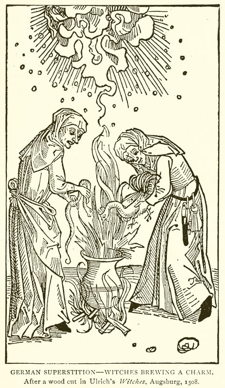Niemieckie przesądy — Czarownice warzące Zaklęcie. Po wycięciu drewna w Ulrichs Witches, Augsburg, 1508 autorstwa English School