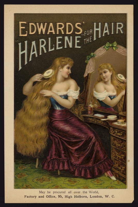 Dziewczyna czesząca swoje długie blond włosy; Harlene Edwarda do włosów (chromolitho) autorstwa English School