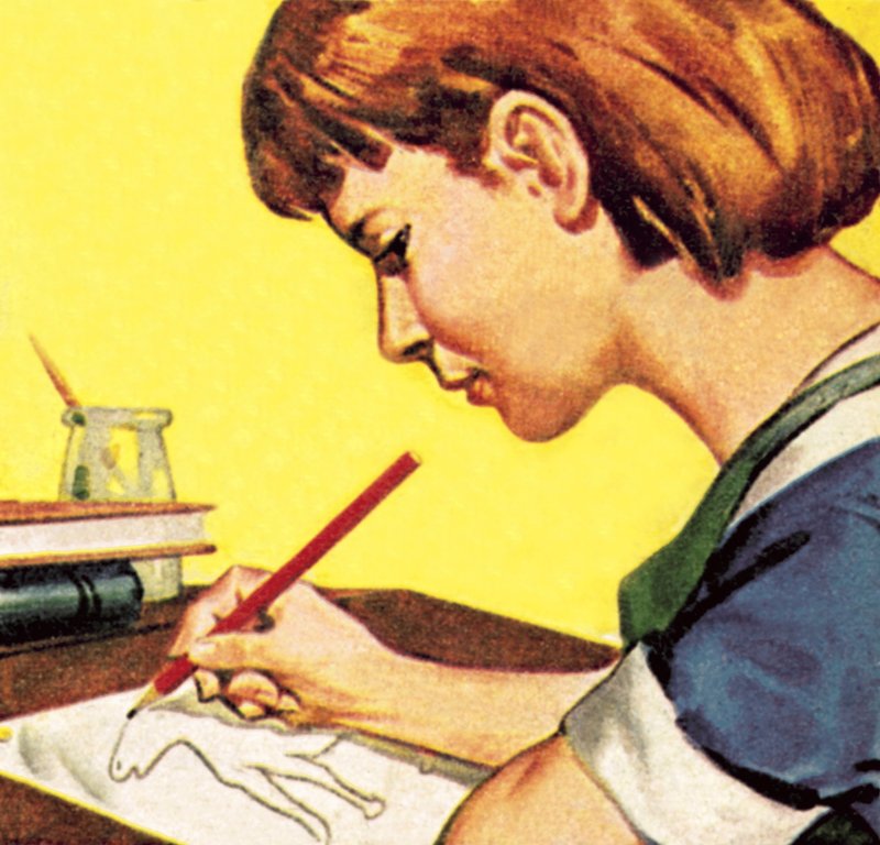 Dziewczyna rysująca ołówkiem autorstwa English School