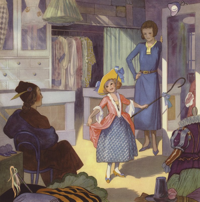 Dziewczynka przebierająca się za Małą Bo Peep (kolorowa litografia) autorstwa English School