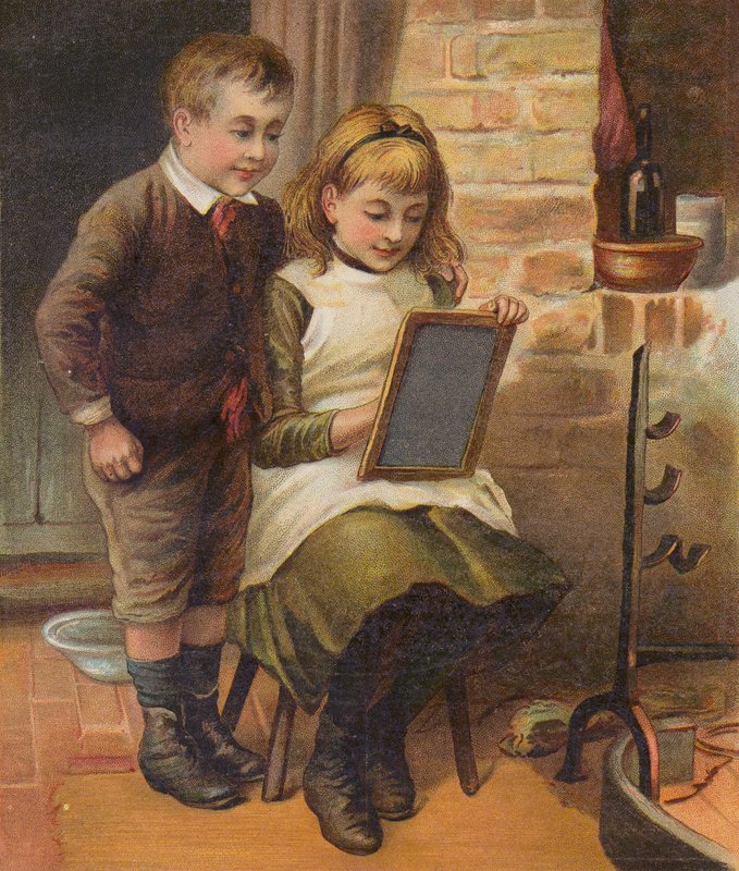 Dziewczynka pomagająca bratu w odrabianiu lekcji (chromolitho) autorstwa English School