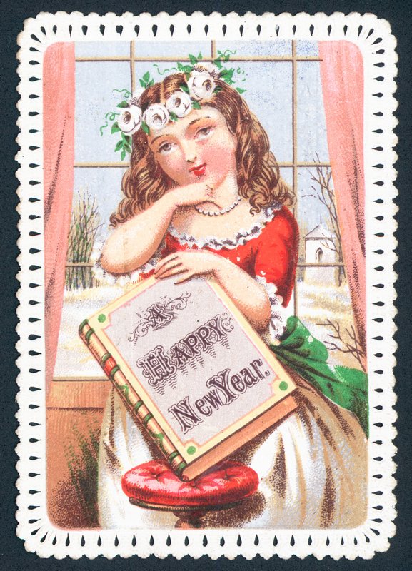 Dziewczyna trzyma książkę, kartka noworoczna autorstwa English School