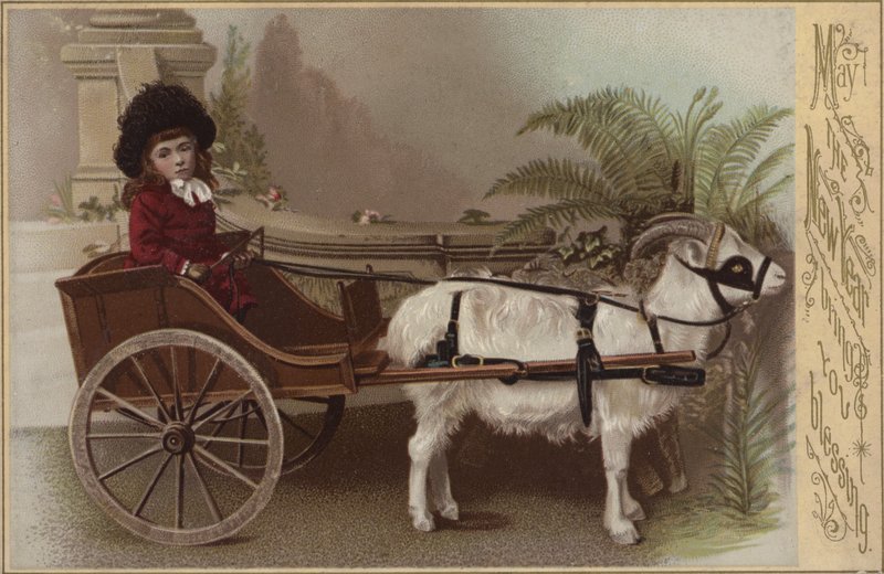 Dziewczyna w koziej wozie, kartka z życzeniami noworocznymi (chromolitho) autorstwa English School