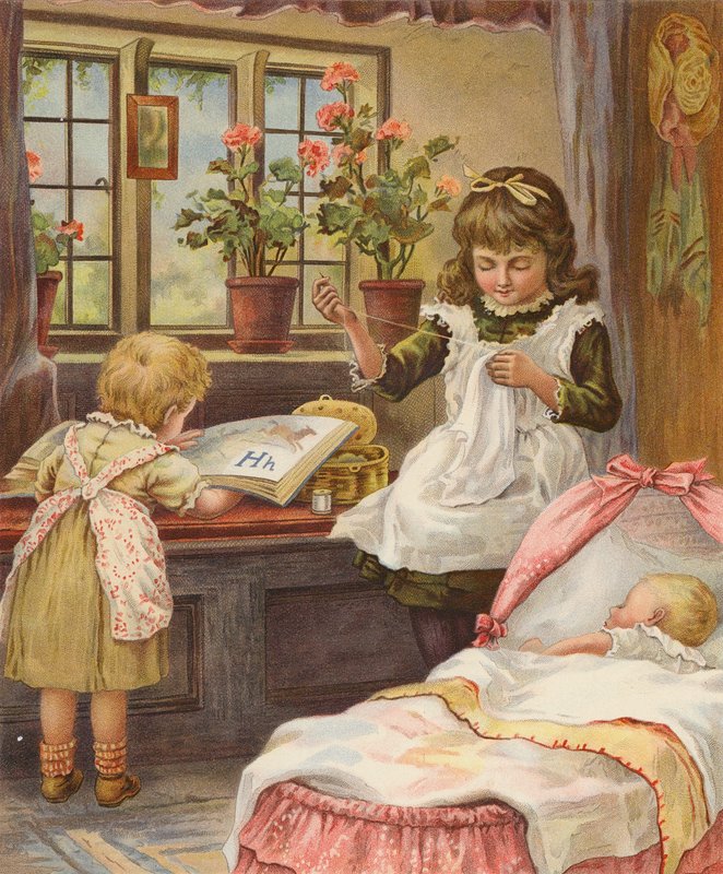 Dziewczynka opiekująca się młodszym rodzeństwem (chromolitho) autorstwa English School