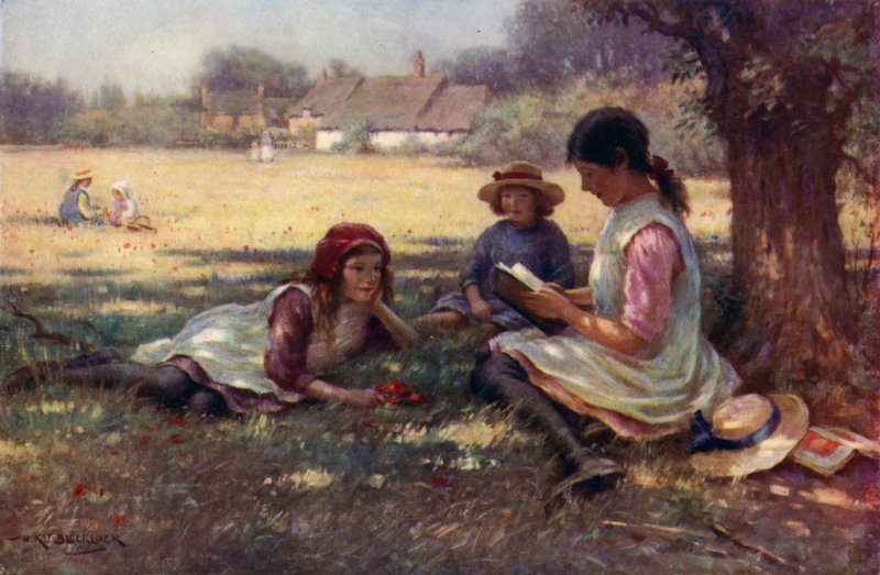 Dziewczyna czytająca bajkę innym dzieciom (kolor lito) autorstwa English School