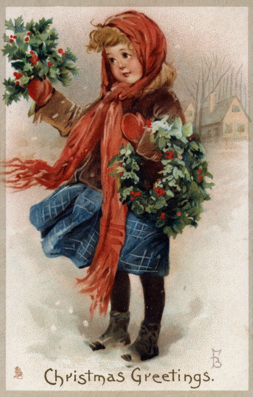 Dziewczyna sprzedająca wieńce ostrokrzewowe i bożonarodzeniowe (chromolitho) autorstwa English School