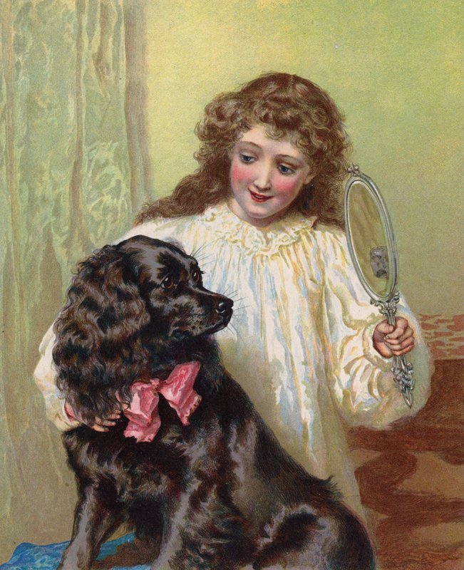 Dziewczyna pokazująca swojemu psu swoje odbicie w lustrze (chromolitho) autorstwa English School
