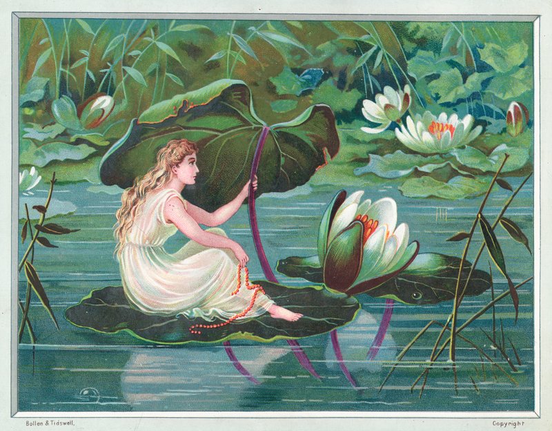 Dziewczyna siedząca na Lily Pad w stawie, kartka bożonarodzeniowa autorstwa English School