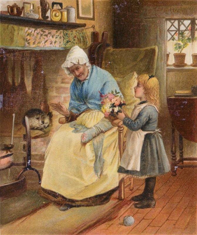 Dziewczynka przynosząca kwiaty babci w dniu jej urodzin (chromolitho) autorstwa English School